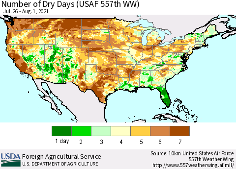 United States Number of Dry Days (USAF 557th WW) Thematic Map For 7/26/2021 - 8/1/2021