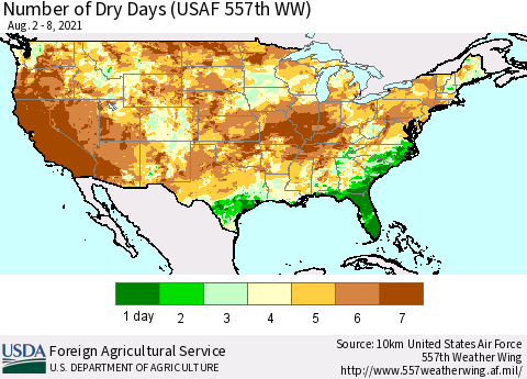 United States Number of Dry Days (USAF 557th WW) Thematic Map For 8/2/2021 - 8/8/2021