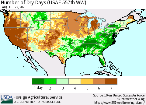 United States Number of Dry Days (USAF 557th WW) Thematic Map For 8/16/2021 - 8/22/2021