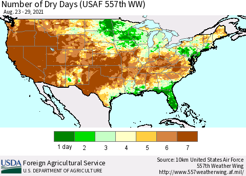 United States Number of Dry Days (USAF 557th WW) Thematic Map For 8/23/2021 - 8/29/2021