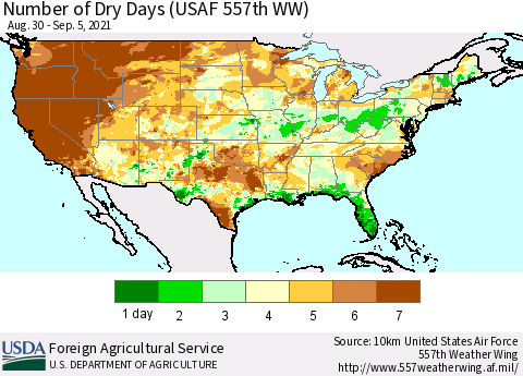 United States Number of Dry Days (USAF 557th WW) Thematic Map For 8/30/2021 - 9/5/2021