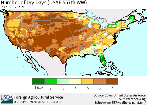 United States Number of Dry Days (USAF 557th WW) Thematic Map For 9/6/2021 - 9/12/2021