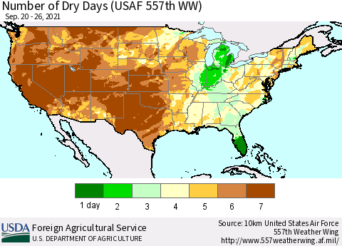 United States Number of Dry Days (USAF 557th WW) Thematic Map For 9/20/2021 - 9/26/2021