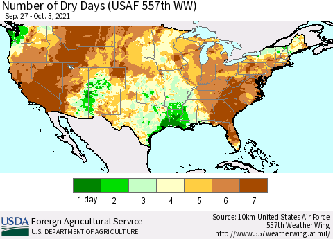 United States Number of Dry Days (USAF 557th WW) Thematic Map For 9/27/2021 - 10/3/2021