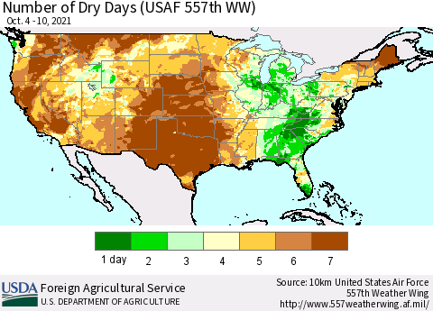 United States Number of Dry Days (USAF 557th WW) Thematic Map For 10/4/2021 - 10/10/2021