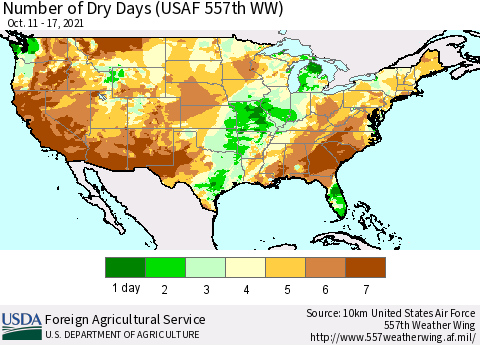United States Number of Dry Days (USAF 557th WW) Thematic Map For 10/11/2021 - 10/17/2021