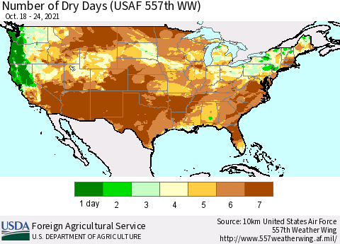 United States Number of Dry Days (USAF 557th WW) Thematic Map For 10/18/2021 - 10/24/2021