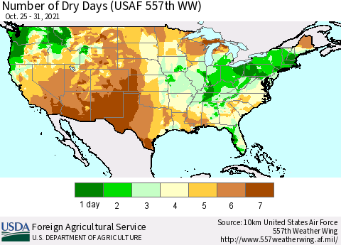 United States Number of Dry Days (USAF 557th WW) Thematic Map For 10/25/2021 - 10/31/2021