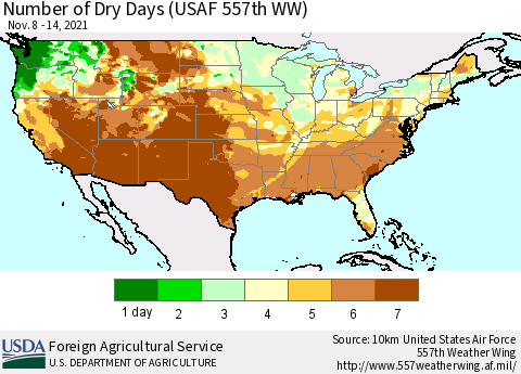 United States Number of Dry Days (USAF 557th WW) Thematic Map For 11/8/2021 - 11/14/2021
