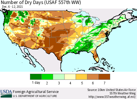 United States Number of Dry Days (USAF 557th WW) Thematic Map For 12/6/2021 - 12/12/2021