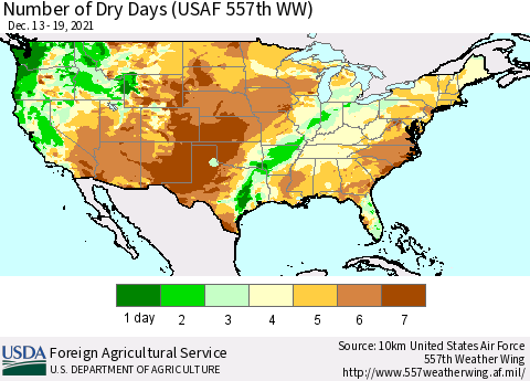 United States Number of Dry Days (USAF 557th WW) Thematic Map For 12/13/2021 - 12/19/2021