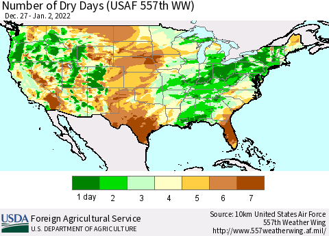 United States Number of Dry Days (USAF 557th WW) Thematic Map For 12/27/2021 - 1/2/2022