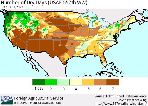 United States Number of Dry Days (USAF 557th WW) Thematic Map For 1/3/2022 - 1/9/2022