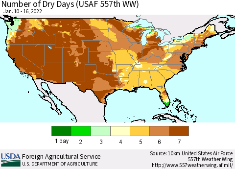 United States Number of Dry Days (USAF 557th WW) Thematic Map For 1/10/2022 - 1/16/2022