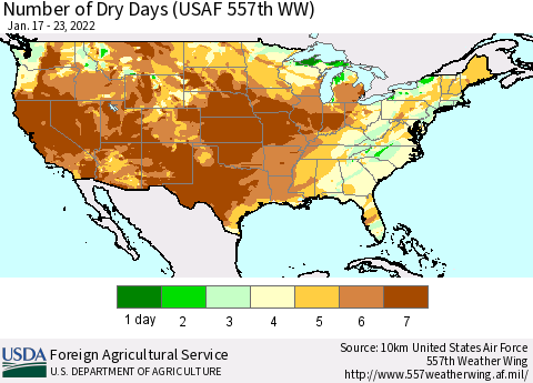 United States Number of Dry Days (USAF 557th WW) Thematic Map For 1/17/2022 - 1/23/2022