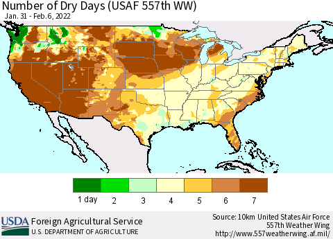 United States Number of Dry Days (USAF 557th WW) Thematic Map For 1/31/2022 - 2/6/2022