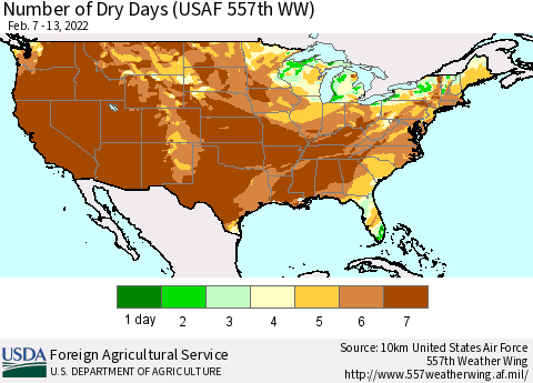United States Number of Dry Days (USAF 557th WW) Thematic Map For 2/7/2022 - 2/13/2022