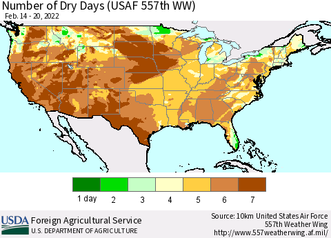 United States Number of Dry Days (USAF 557th WW) Thematic Map For 2/14/2022 - 2/20/2022
