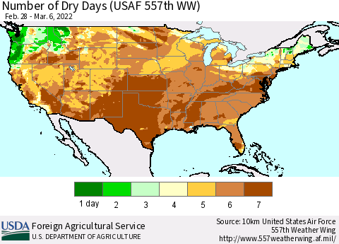 United States Number of Dry Days (USAF 557th WW) Thematic Map For 2/28/2022 - 3/6/2022