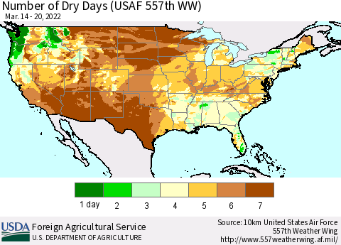United States Number of Dry Days (USAF 557th WW) Thematic Map For 3/14/2022 - 3/20/2022