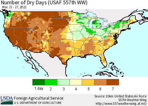 United States Number of Dry Days (USAF 557th WW) Thematic Map For 3/21/2022 - 3/27/2022