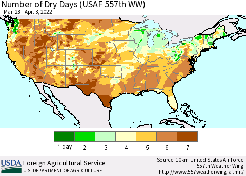 United States Number of Dry Days (USAF 557th WW) Thematic Map For 3/28/2022 - 4/3/2022