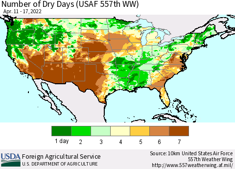 United States Number of Dry Days (USAF 557th WW) Thematic Map For 4/11/2022 - 4/17/2022