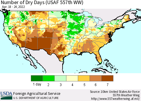United States Number of Dry Days (USAF 557th WW) Thematic Map For 4/18/2022 - 4/24/2022