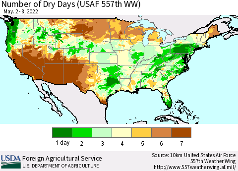 United States Number of Dry Days (USAF 557th WW) Thematic Map For 5/2/2022 - 5/8/2022
