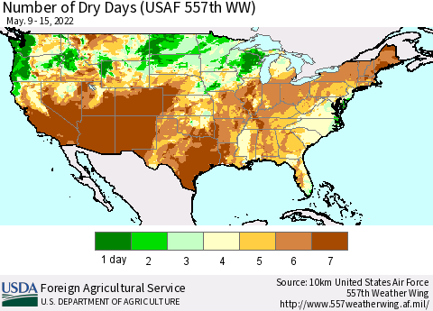 United States Number of Dry Days (USAF 557th WW) Thematic Map For 5/9/2022 - 5/15/2022