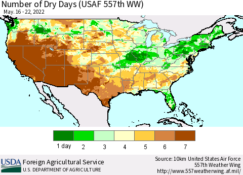 United States Number of Dry Days (USAF 557th WW) Thematic Map For 5/16/2022 - 5/22/2022