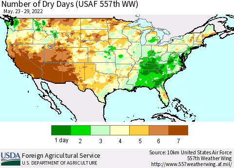 United States Number of Dry Days (USAF 557th WW) Thematic Map For 5/23/2022 - 5/29/2022