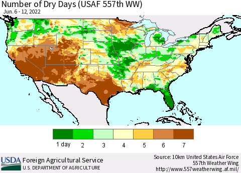 United States Number of Dry Days (USAF 557th WW) Thematic Map For 6/6/2022 - 6/12/2022
