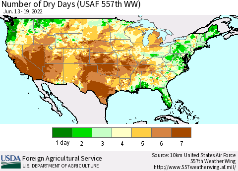 United States Number of Dry Days (USAF 557th WW) Thematic Map For 6/13/2022 - 6/19/2022