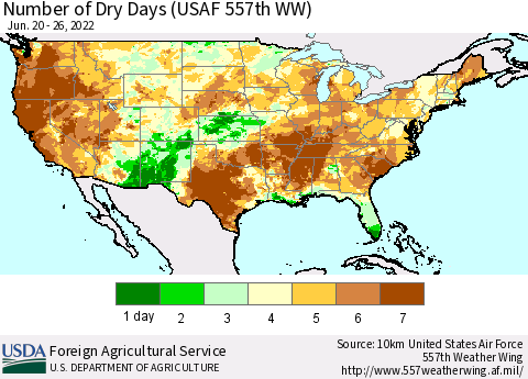 United States Number of Dry Days (USAF 557th WW) Thematic Map For 6/20/2022 - 6/26/2022