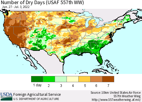 United States Number of Dry Days (USAF 557th WW) Thematic Map For 6/27/2022 - 7/3/2022