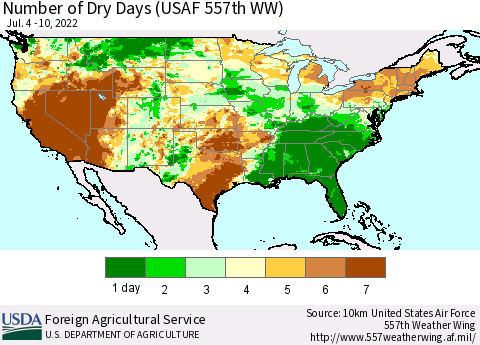 United States Number of Dry Days (USAF 557th WW) Thematic Map For 7/4/2022 - 7/10/2022
