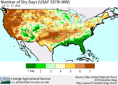 United States Number of Dry Days (USAF 557th WW) Thematic Map For 7/11/2022 - 7/17/2022