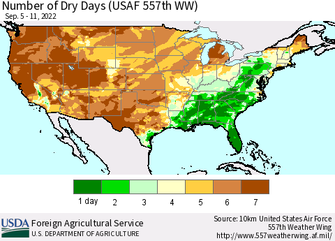 United States Number of Dry Days (USAF 557th WW) Thematic Map For 9/5/2022 - 9/11/2022