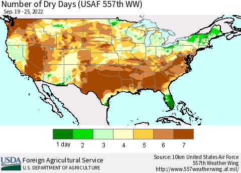 United States Number of Dry Days (USAF 557th WW) Thematic Map For 9/19/2022 - 9/25/2022