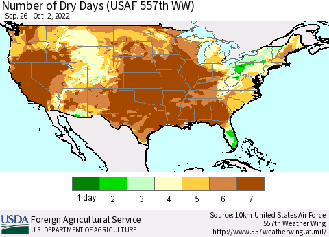 United States Number of Dry Days (USAF 557th WW) Thematic Map For 9/26/2022 - 10/2/2022