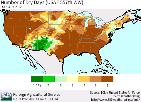 United States Number of Dry Days (USAF 557th WW) Thematic Map For 10/3/2022 - 10/9/2022