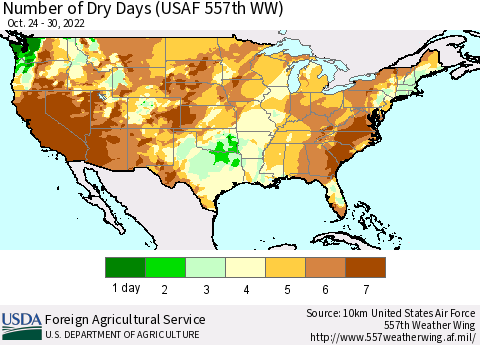 United States Number of Dry Days (USAF 557th WW) Thematic Map For 10/24/2022 - 10/30/2022