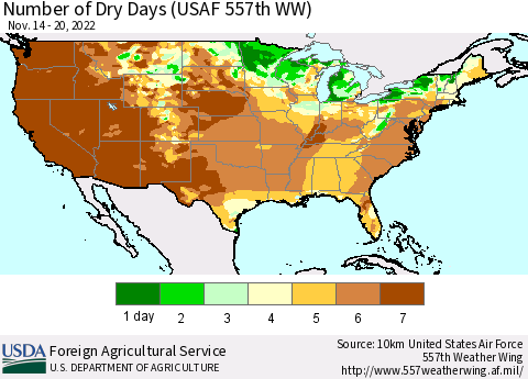 United States Number of Dry Days (USAF 557th WW) Thematic Map For 11/14/2022 - 11/20/2022