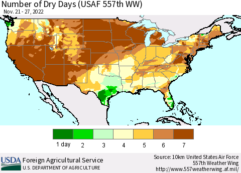 United States Number of Dry Days (USAF 557th WW) Thematic Map For 11/21/2022 - 11/27/2022