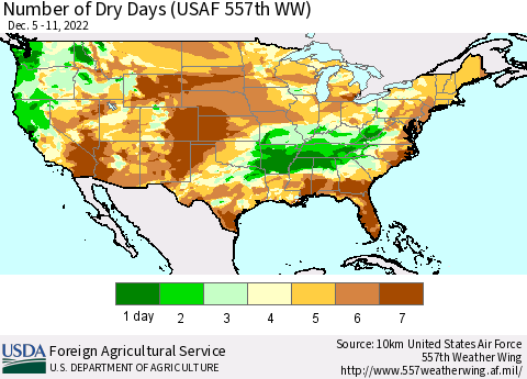 United States Number of Dry Days (USAF 557th WW) Thematic Map For 12/5/2022 - 12/11/2022