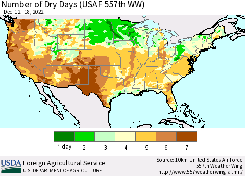 United States Number of Dry Days (USAF 557th WW) Thematic Map For 12/12/2022 - 12/18/2022