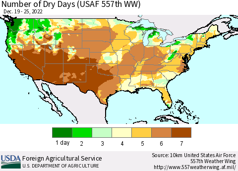 United States Number of Dry Days (USAF 557th WW) Thematic Map For 12/19/2022 - 12/25/2022