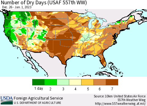 United States Number of Dry Days (USAF 557th WW) Thematic Map For 12/26/2022 - 1/1/2023