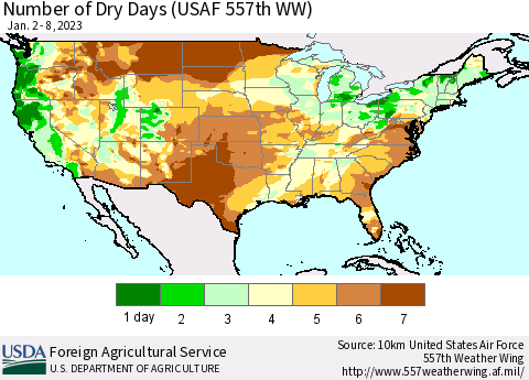 United States Number of Dry Days (USAF 557th WW) Thematic Map For 1/2/2023 - 1/8/2023